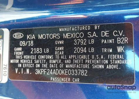 2019 Kia Forte Lxs z USA, uszkodzony, nr VIN 3KPF24AD0KE033782